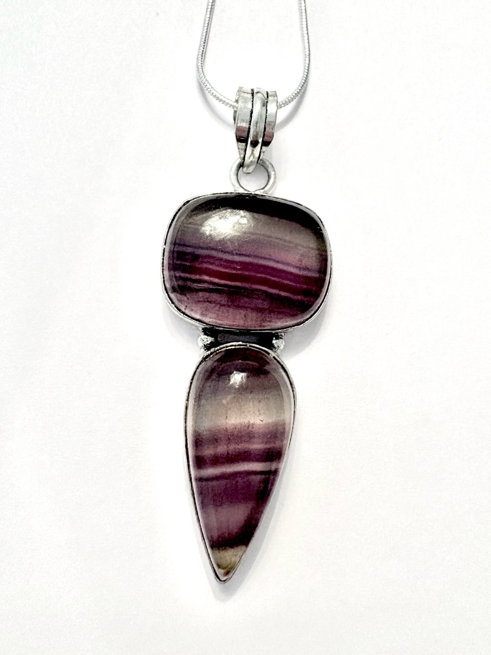 Beautiful, 2 stone, 925 marked, Fluorite pendant on a silver chain.